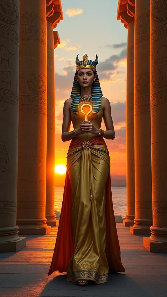 Egyptian Princess in Golden Splendor Walks Temple Columns at...