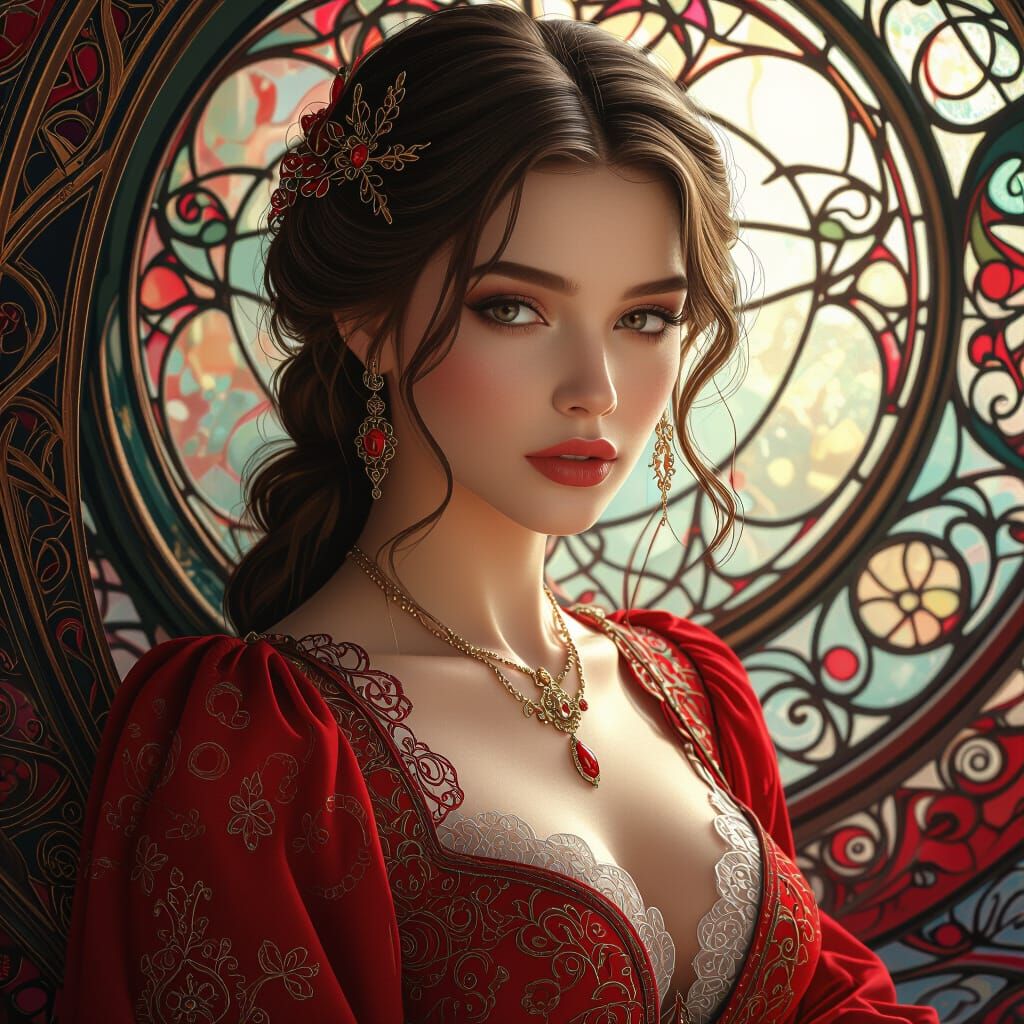 Hyperrealistic Woman in Intricate Red Clothing