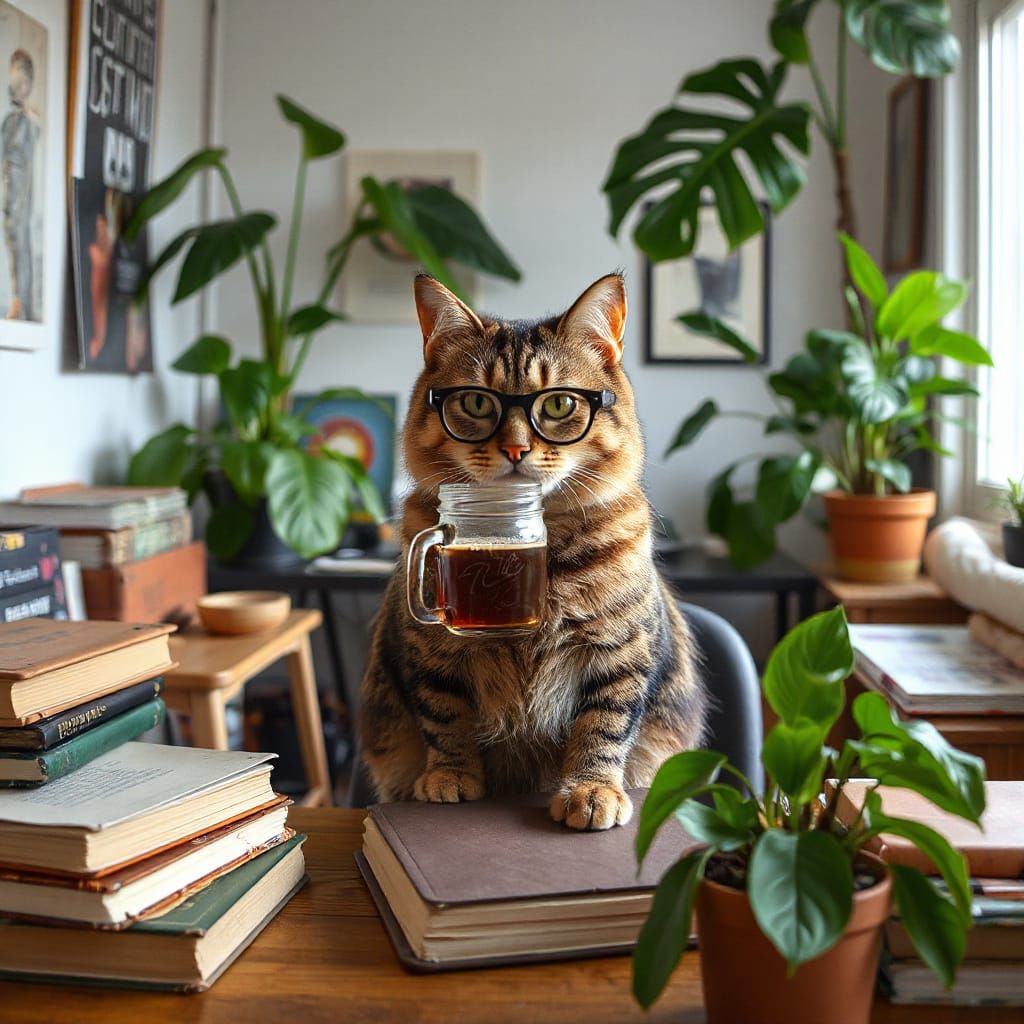 Millennial Cat Sipping Coffee in Cozy Workspace