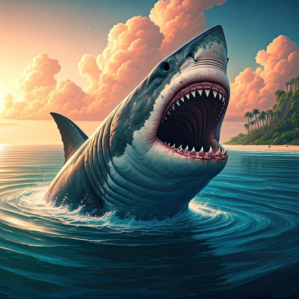 Great White Shark Breaching in Dreamlike Ocean