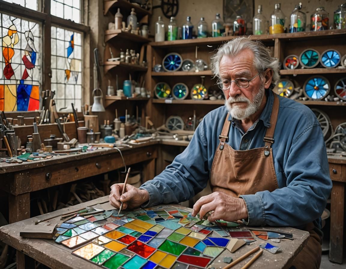 Craftsman in Glass Workshop Creates Stained Glass