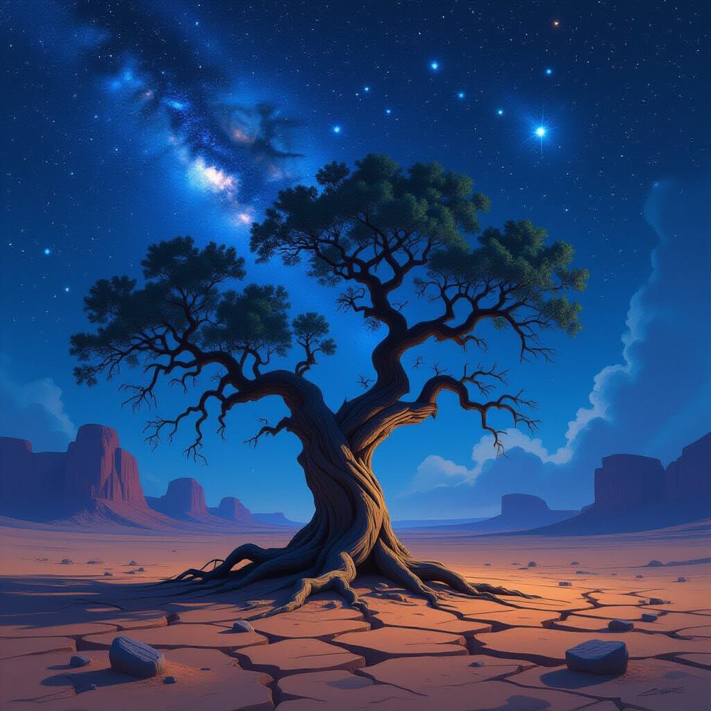 Ancient Desert Tree Under Cosmic Sky