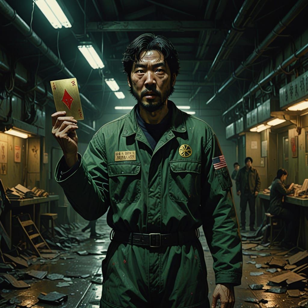 Shocked Korean Survivor Grasping Golden Card in Despair