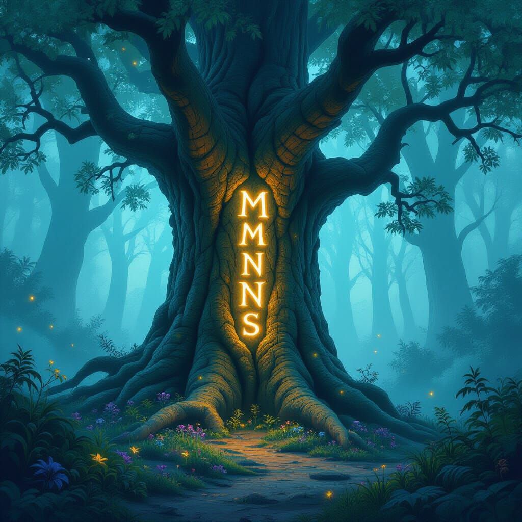 Mystical Tree with Runes in Ethereal Forest