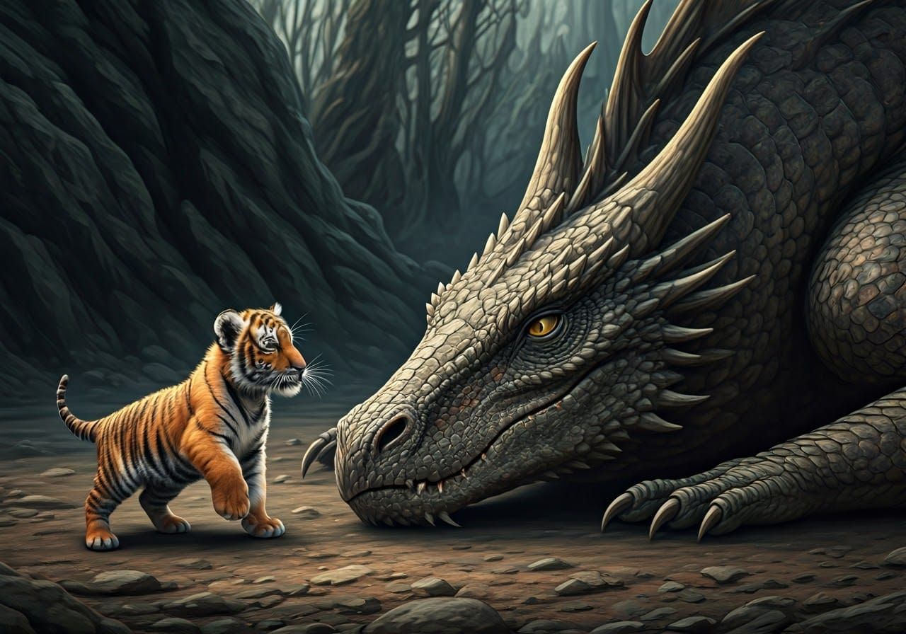 Tiny Tiger Cub and Majestic Dragon Play in Wild Rocky Landsc...