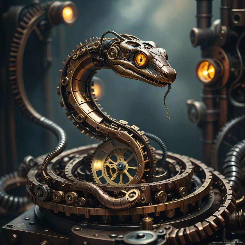 Steampunk Snake with Brass Gears and Glowing Eyes