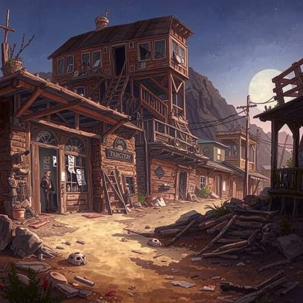 Abandoned Mining Town in Curvy Line Art