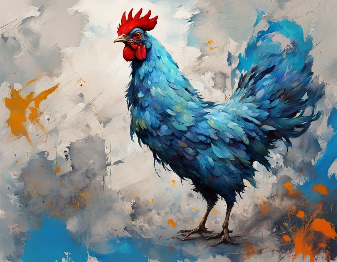 Vibrant Blue Chicken in Impressionist Oil