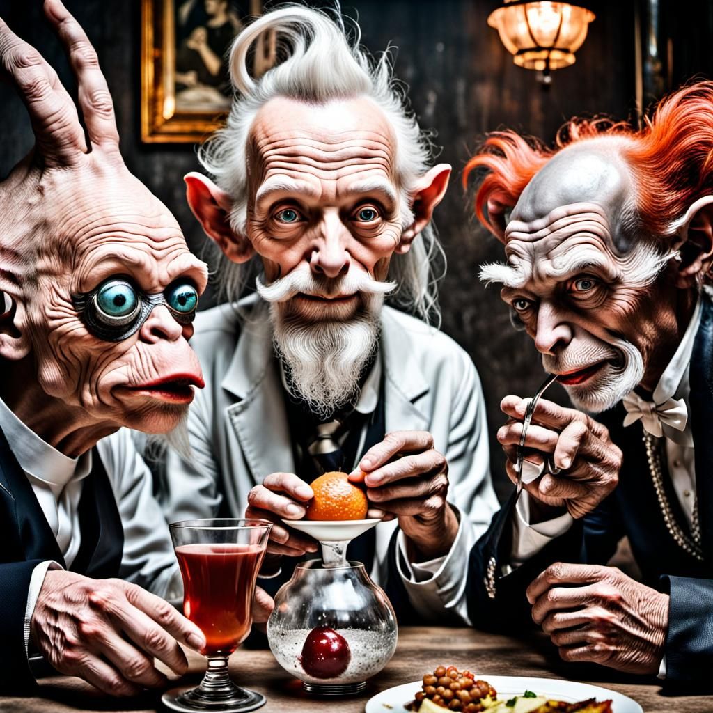 Surreal Restaurant Scene with Aliens in Hyperreal Photograph...