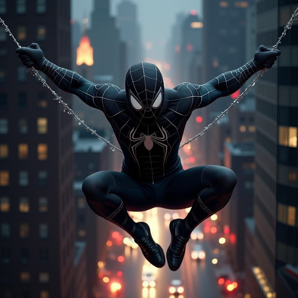 Spiderman in a Dark, Cinematic Black Symbiote Suit