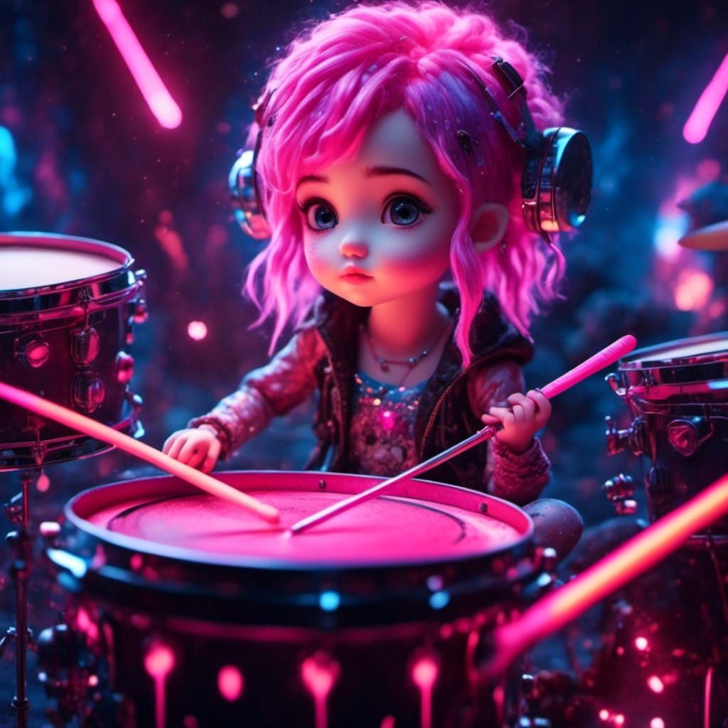 Chibi Drummer Girl with Neon Accents in Cyberpunk Style