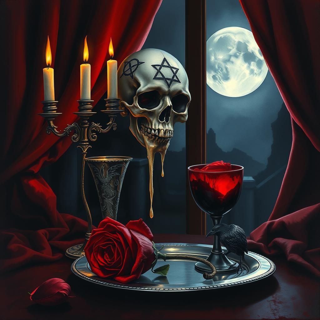 Macabre Gothic Still Life with Skull and Raven