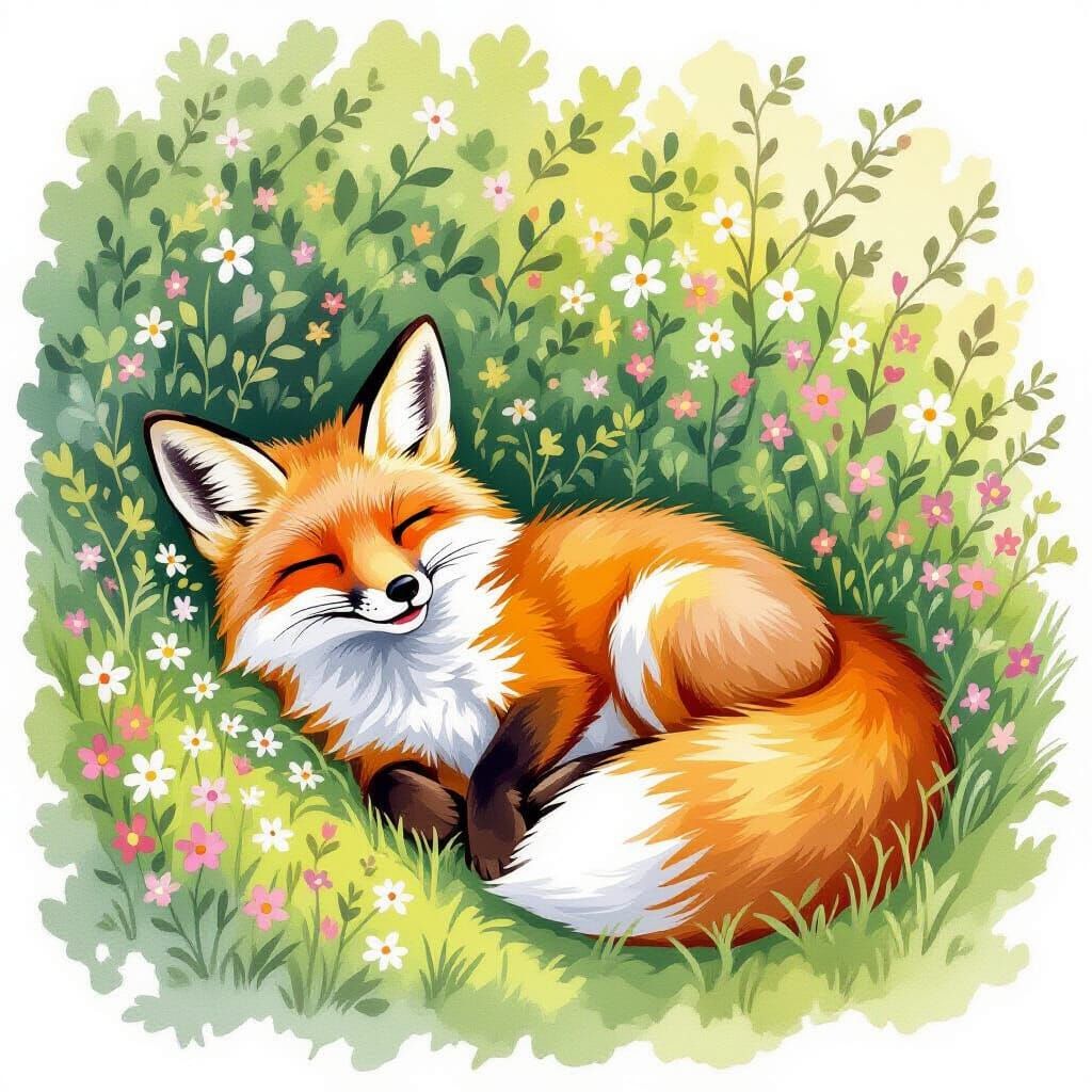 Relaxed Fox Asleep in Watercolor Illustration
