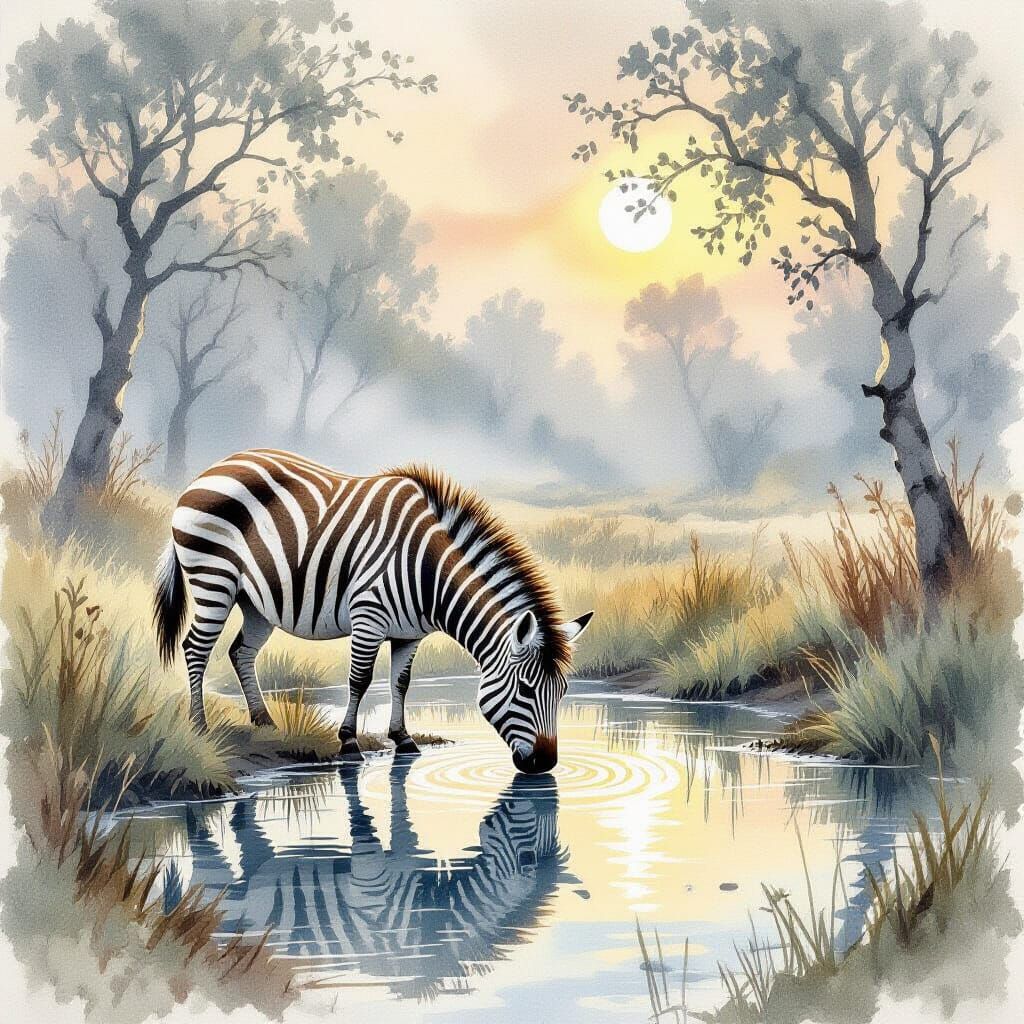 Quagga Foraging at Dawn: Watercolor Painting