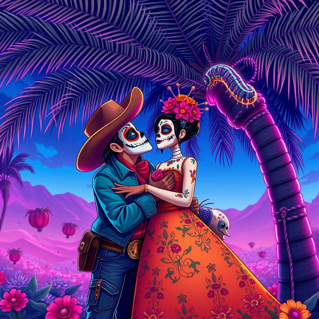 Cowboy and Santa Muerte Kiss Under Neon Palm