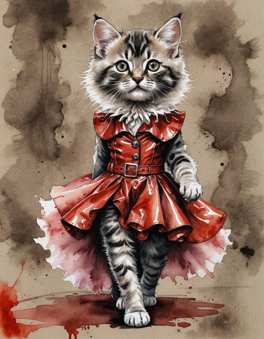 Kitten in Couture: A Chiaroscuro Watercolor Illustration