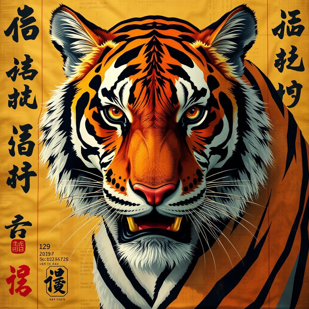 Vibrant Tiger Portrait on Aged Silk in Neo-Cubist Style