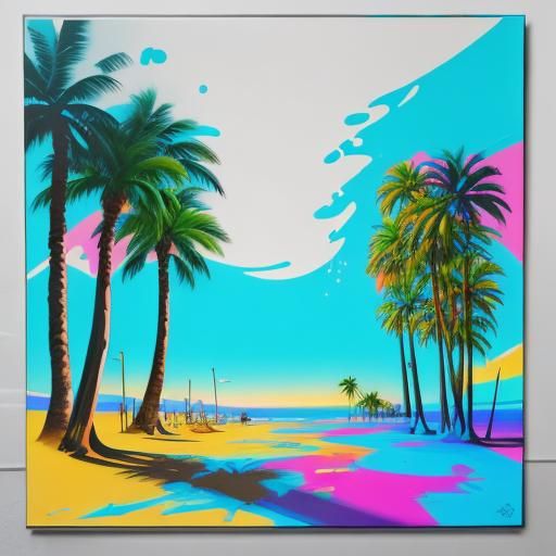 Neon 80s Beach Scene in Graffiti Style