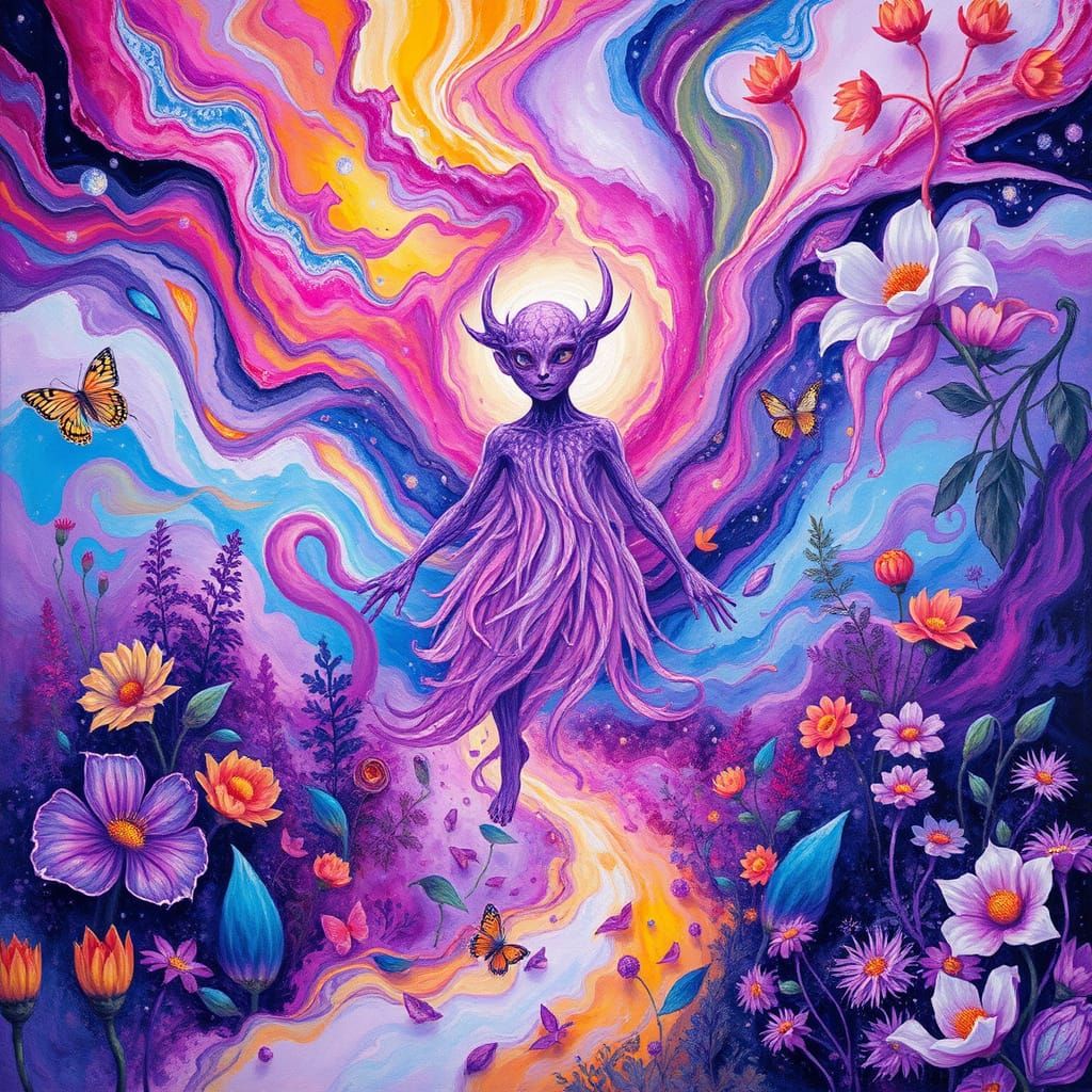 Ethereal Purple Realm Unfolds in Vibrant Gouache Style