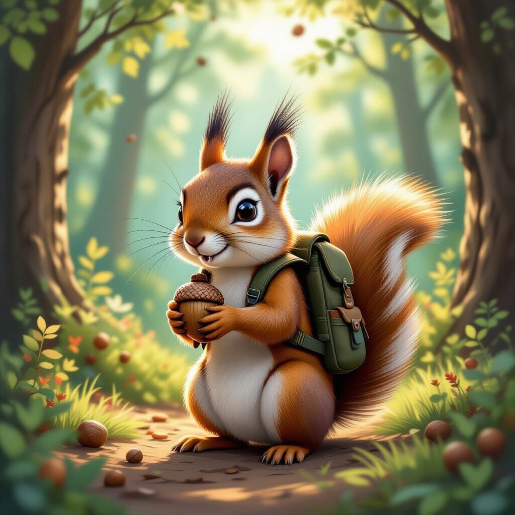 Squirrel's Whimsical Forest Adventure: Vibrant Digital Art