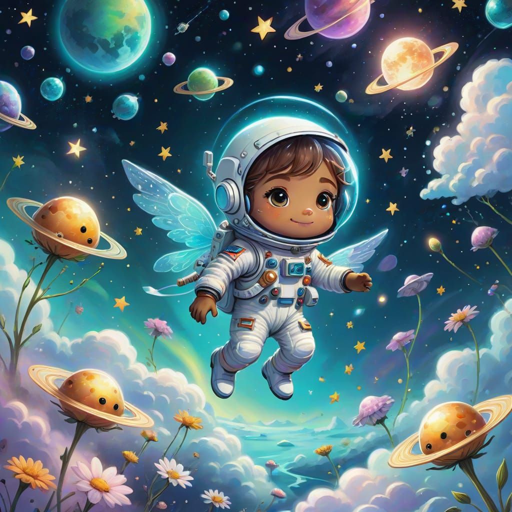 Whimsical Chibi Astronaut Soars Through Pastel Cosmos