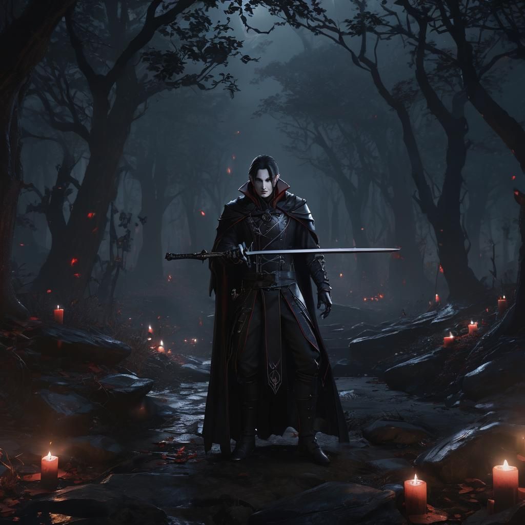 Vampire Hunter in Dark Magical Forest: Anime-Inspired 3D Art