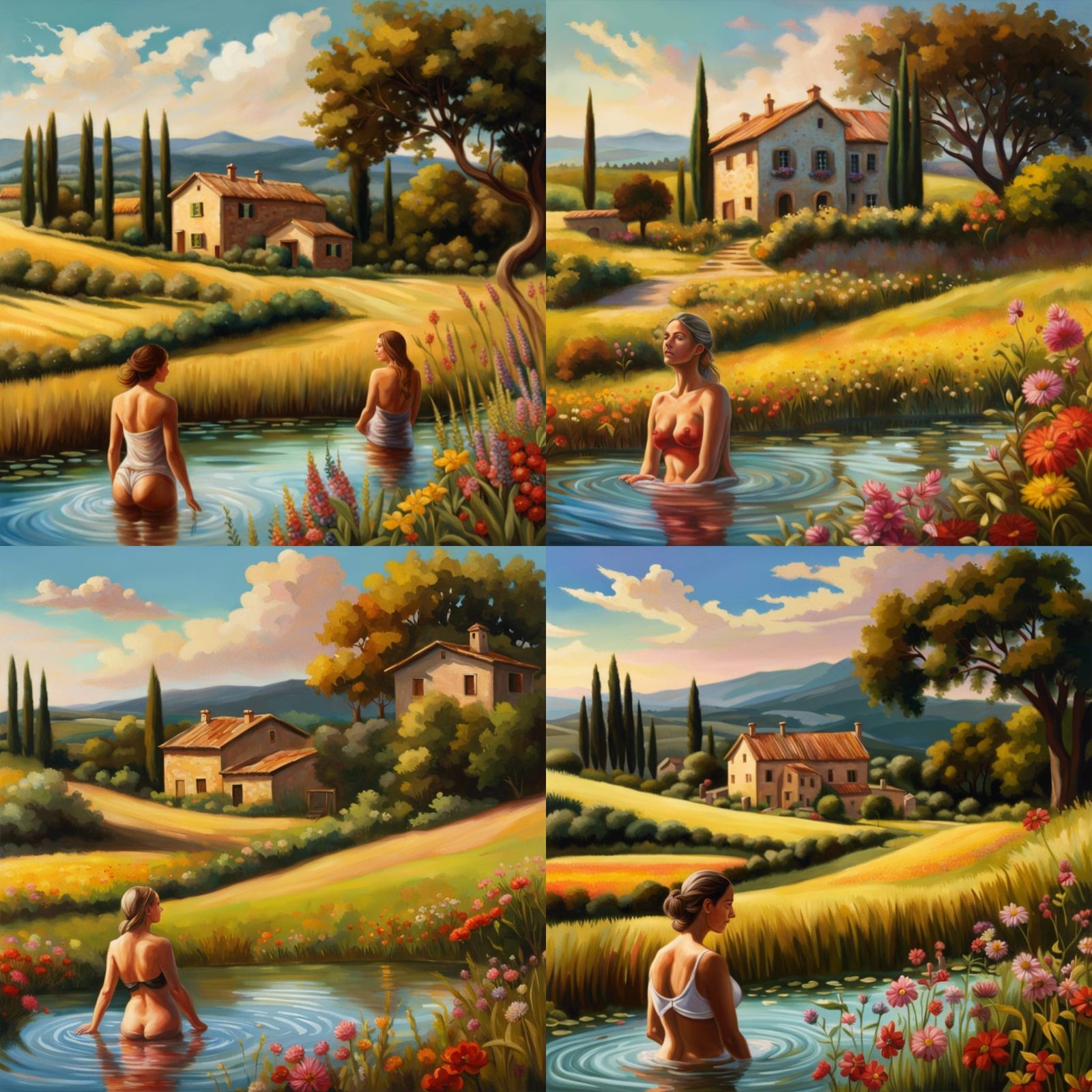 Tuscany Farmhouse with Bathing Women: Hyperrealistic Splash ...