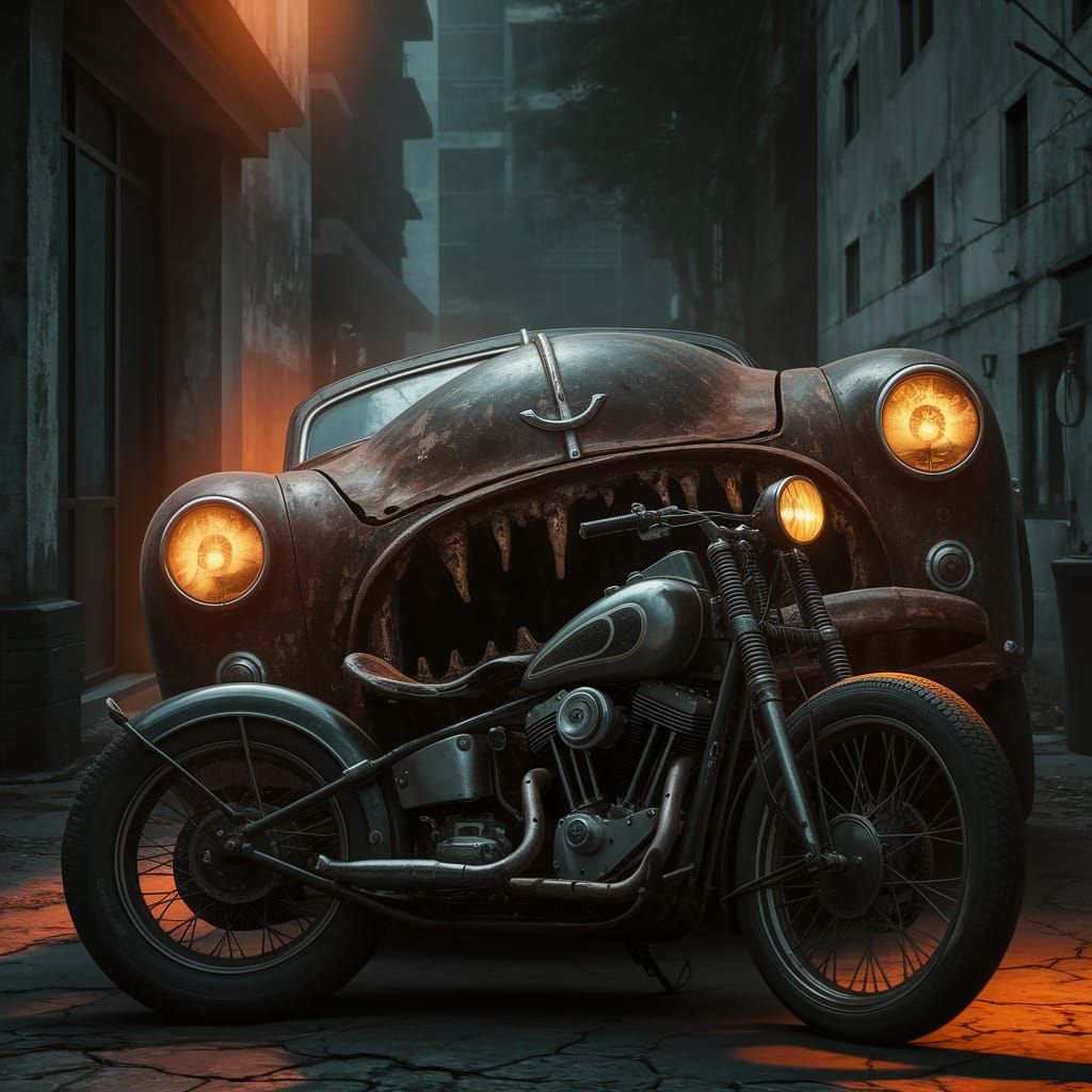 Eerie Vintage Car Swallowing Motorcycle in Amber Light