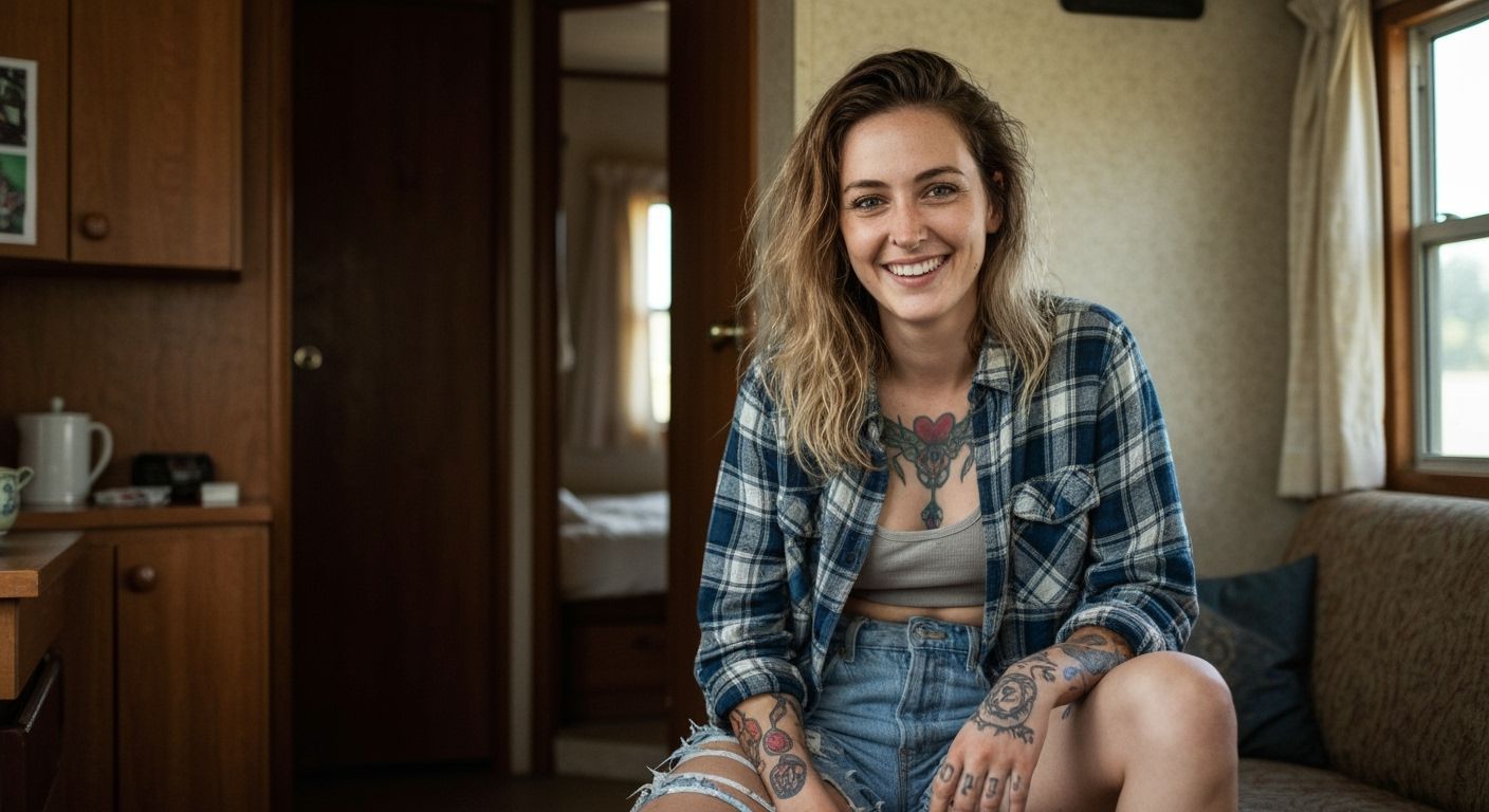 Tattooed Woman in Trailer, Realistic Portrait
