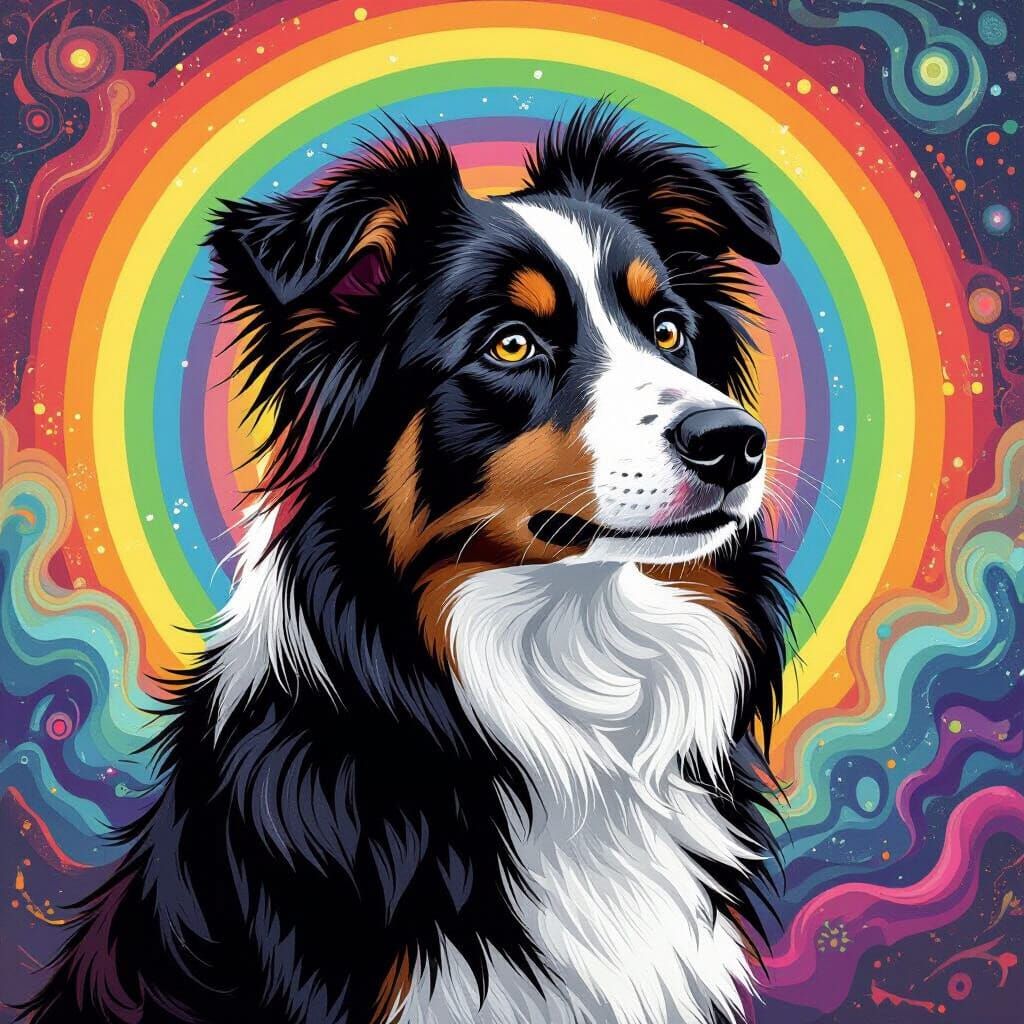 Border Collie with Rainbow Background, Digital Art
