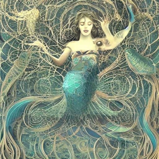 A vintage mermaid wearing a dress made of silky webs, submer...
