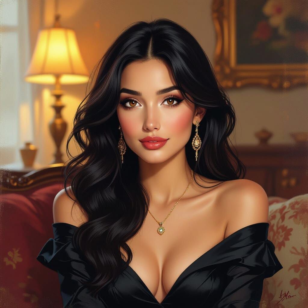 Elegant Black-Haired Woman in Realistic Oil Painting Style