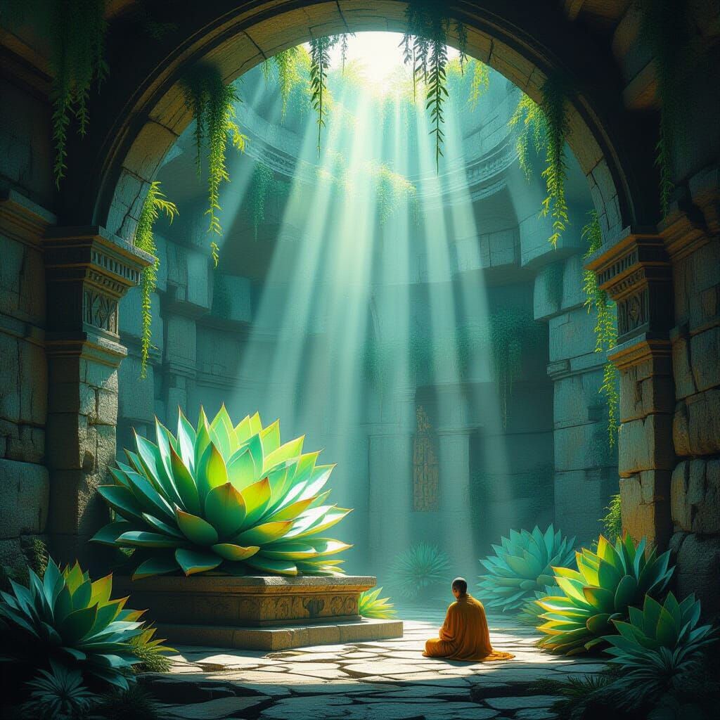 Living Stone Shrine with Monk Praying