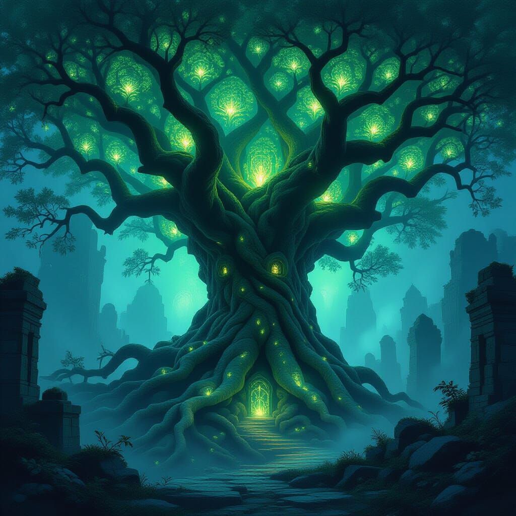 Ancient Bioluminescent Tree Overgrown Ruins in Ethereal Fore...