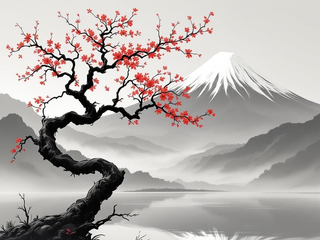 Mount Fuji and Cherry Blossom Tree in Sumi-e Style