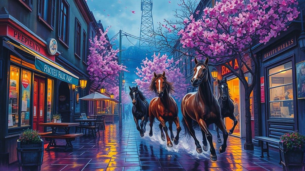 Rainy Night in Old Town, Whimsical Watercolor Oil Painting