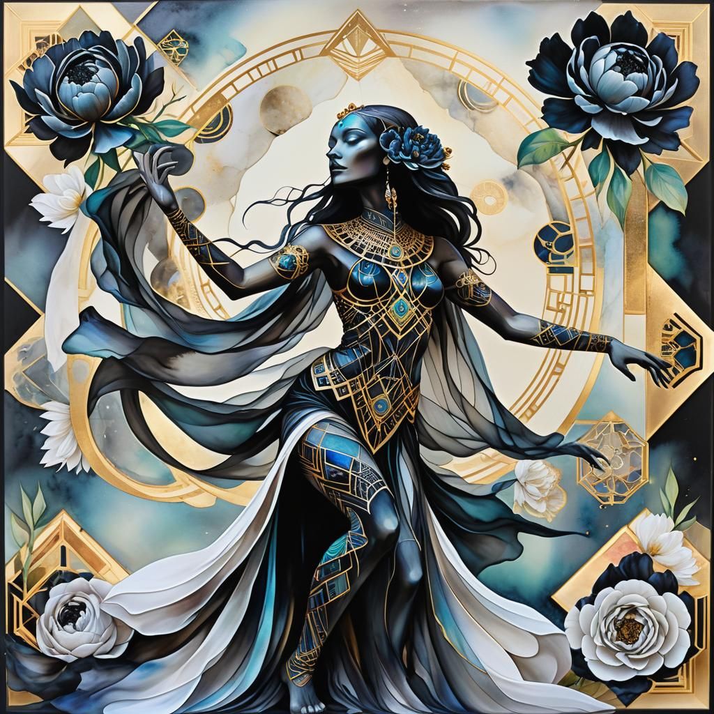 Sphinx-Goddess Dancing with Black Peonies, Alcohol Ink Art