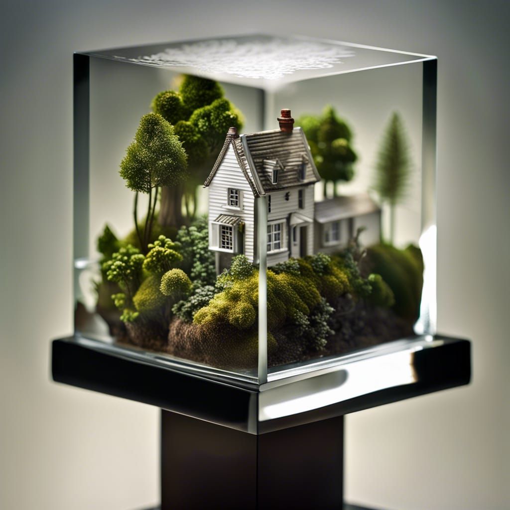 Miniature World in Glass Cube: Macro Photography