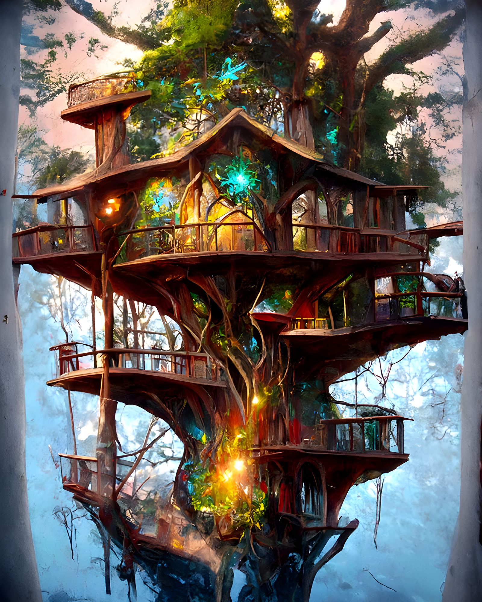 Elven Treehouse with Magical Lightning, Detailed Fantasy Art