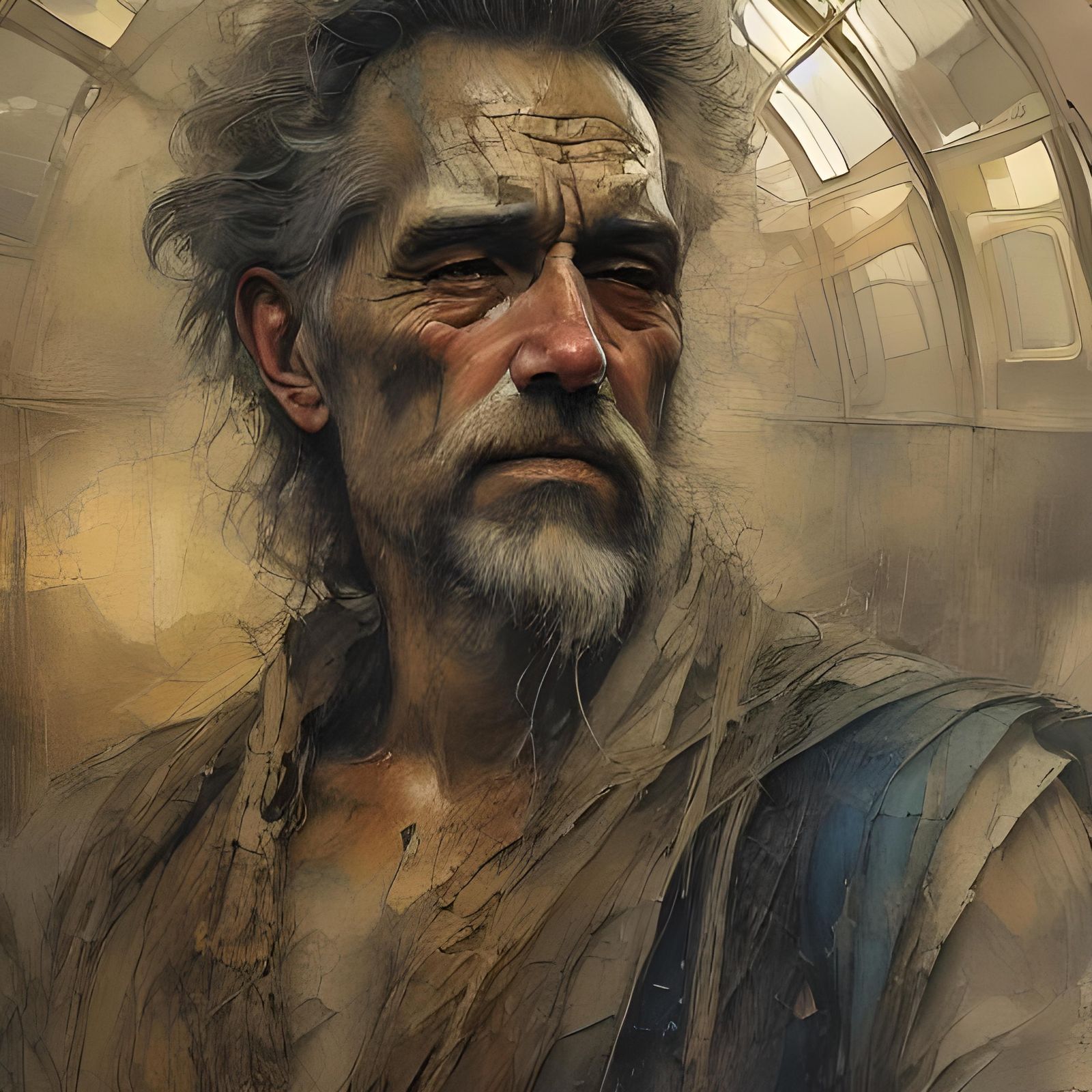 Expressive Ink Portrait of Bald Man in Grand Hall