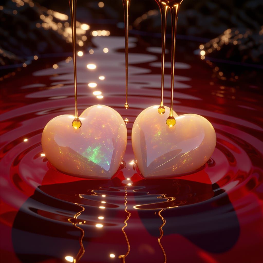 Opal and Moonstone Hearts in Red Waters, Vintage Film