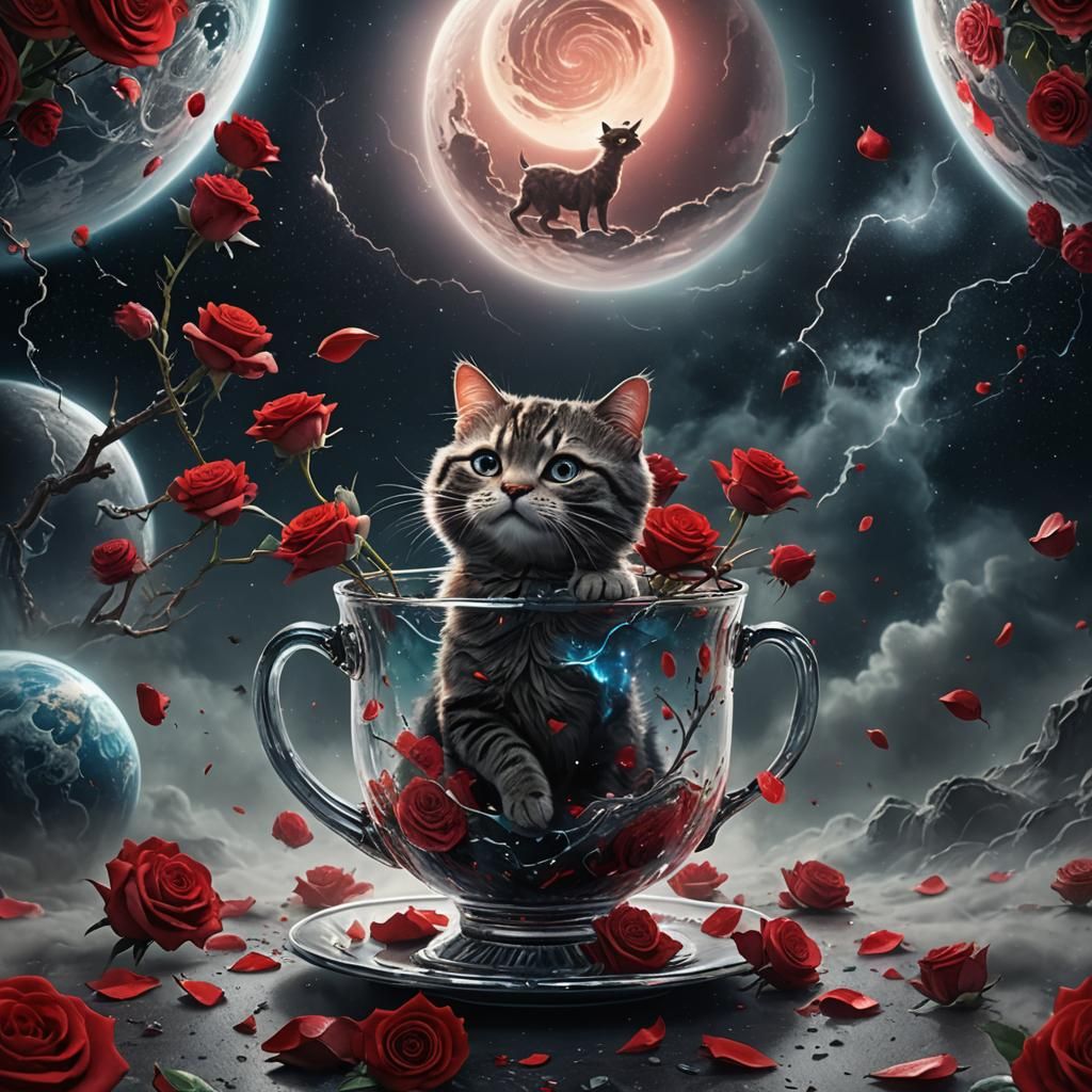 Cat in Glass Cup with Tornado and Roses