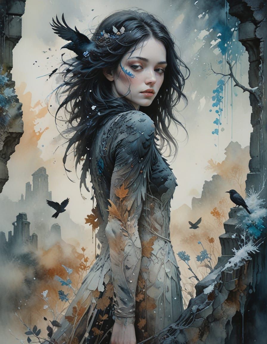 Winter Enchantment: A Raven's Vigil in Frost-Kissed Ruins