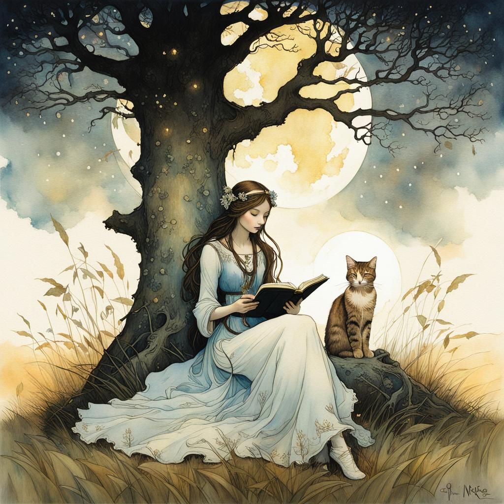 Iridescent Art Nouveau painting by Jean Baptiste Monge featuring a beautiful girl sitting against a tree in the grasslan...