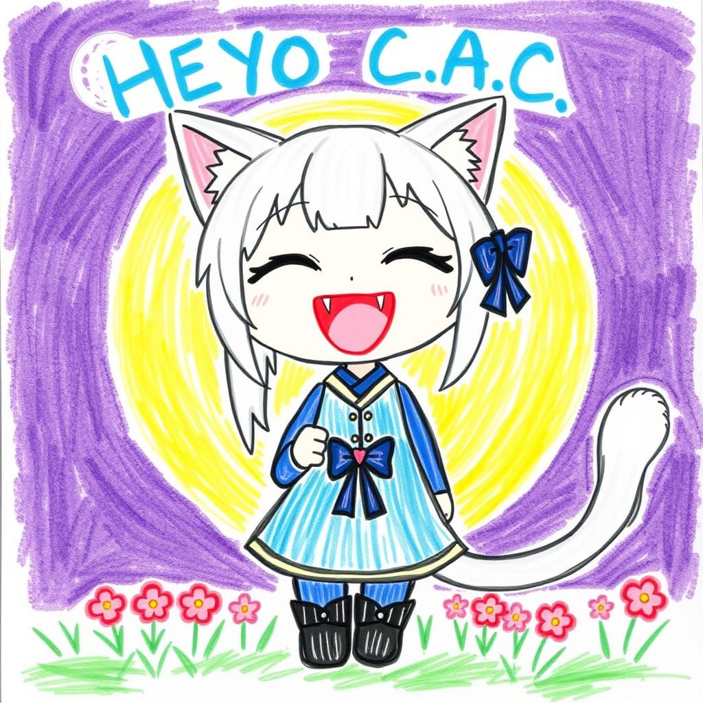 Cute Anime Catgirl Crayon Drawing on White Paper