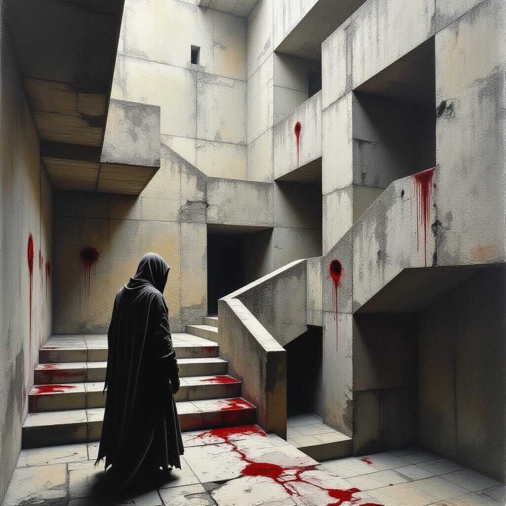 Gaunt Figure Navigating Brutalist Labyrinth in Chiaroscuro S...