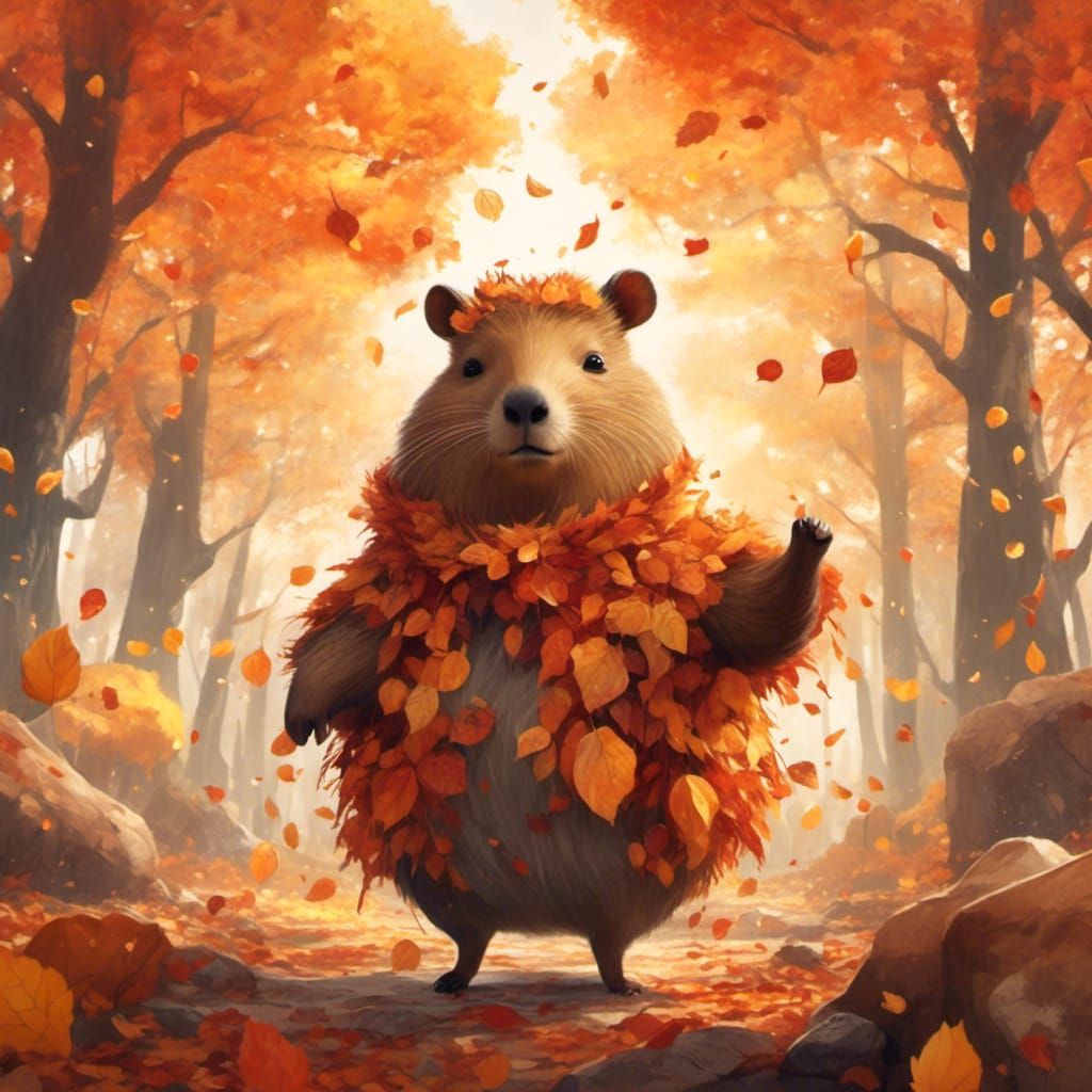 Kawaii Capybara in Autumnal Forest, Watercolor Style
