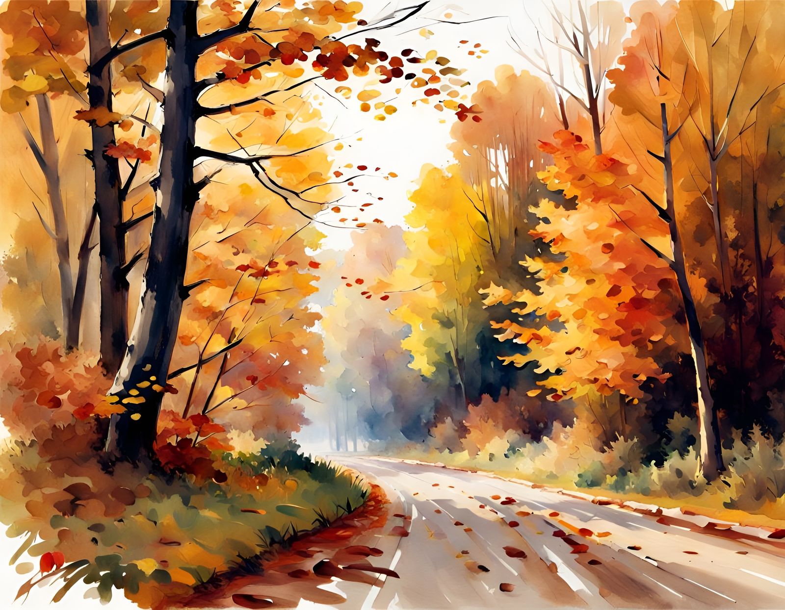 Autumn Forest Road in Watercolor Style