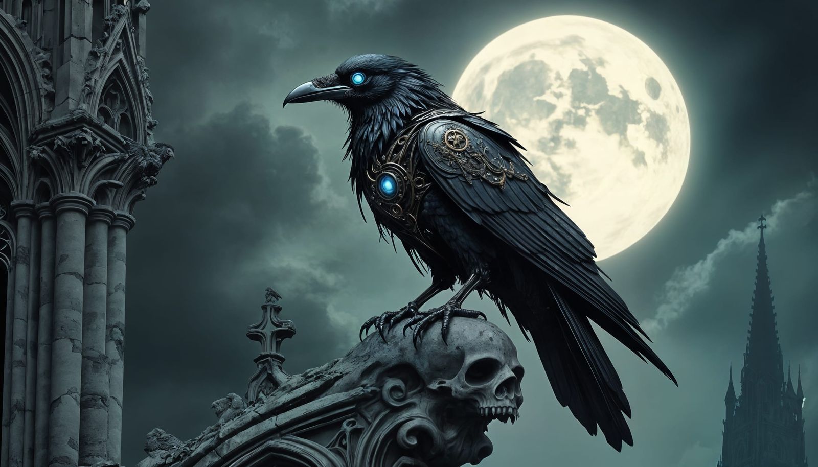 Gothic Biomechanical Raven Perched on Cathedral Gargoyle