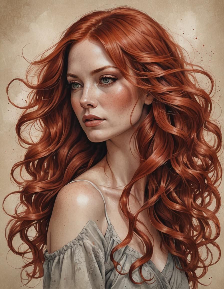 Red-Haired Woman: Photorealistic Handpainted Illustration